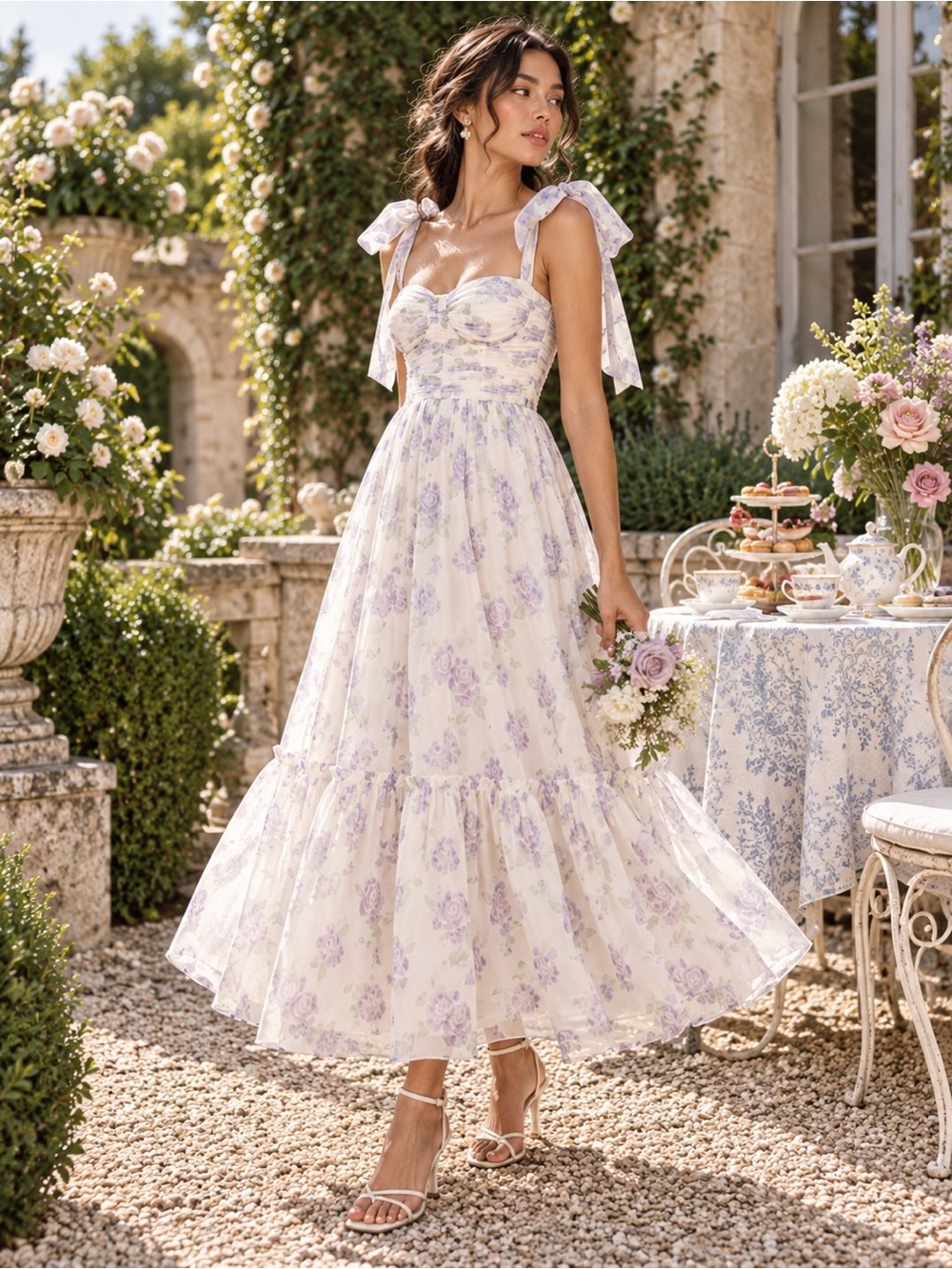 NWT Petal & Pup Floret Lavender Floral Corset Tulle Midi Dress - Picture 2 of 13